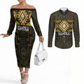Aotearoa Atua Mahuika Personalised Couples Matching Off The Shoulder Long Sleeve Dress and Long Sleeve Button Shirt Maori Goddess Of Fire Taniko Motifs