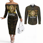 Aotearoa Atua Mahuika Personalised Couples Matching Off The Shoulder Long Sleeve Dress and Long Sleeve Button Shirt Maori Goddess Of Fire Taniko Motifs