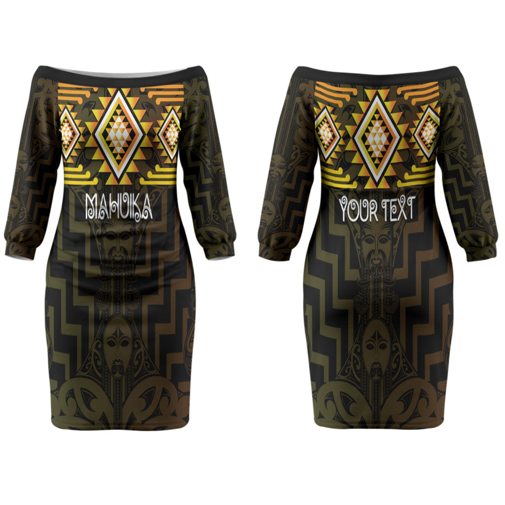 Aotearoa Atua Mahuika Personalised Couples Matching Off The Shoulder Long Sleeve Dress and Long Sleeve Button Shirt Maori Goddess Of Fire Taniko Motifs