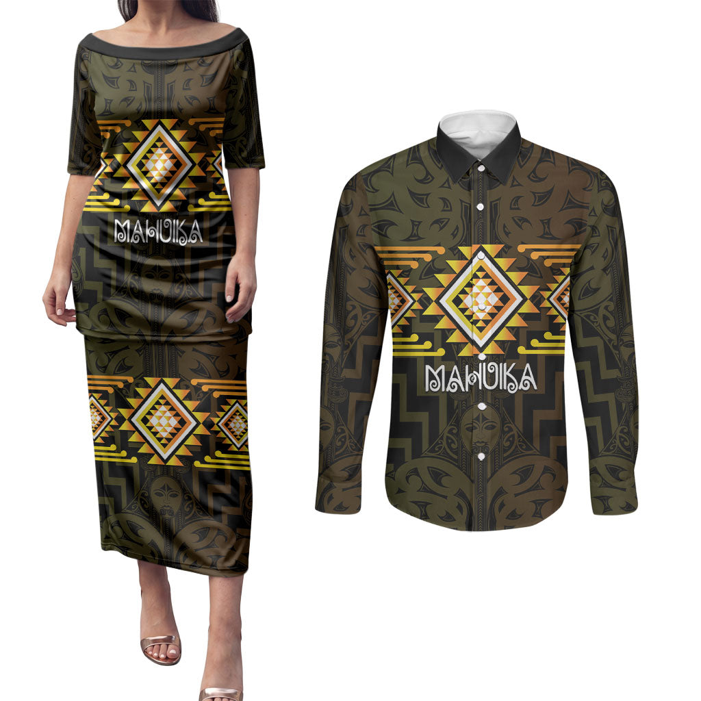 Aotearoa Atua Mahuika Personalised Couples Matching Puletasi and Long Sleeve Button Shirt Maori Goddess Of Fire Taniko Motifs