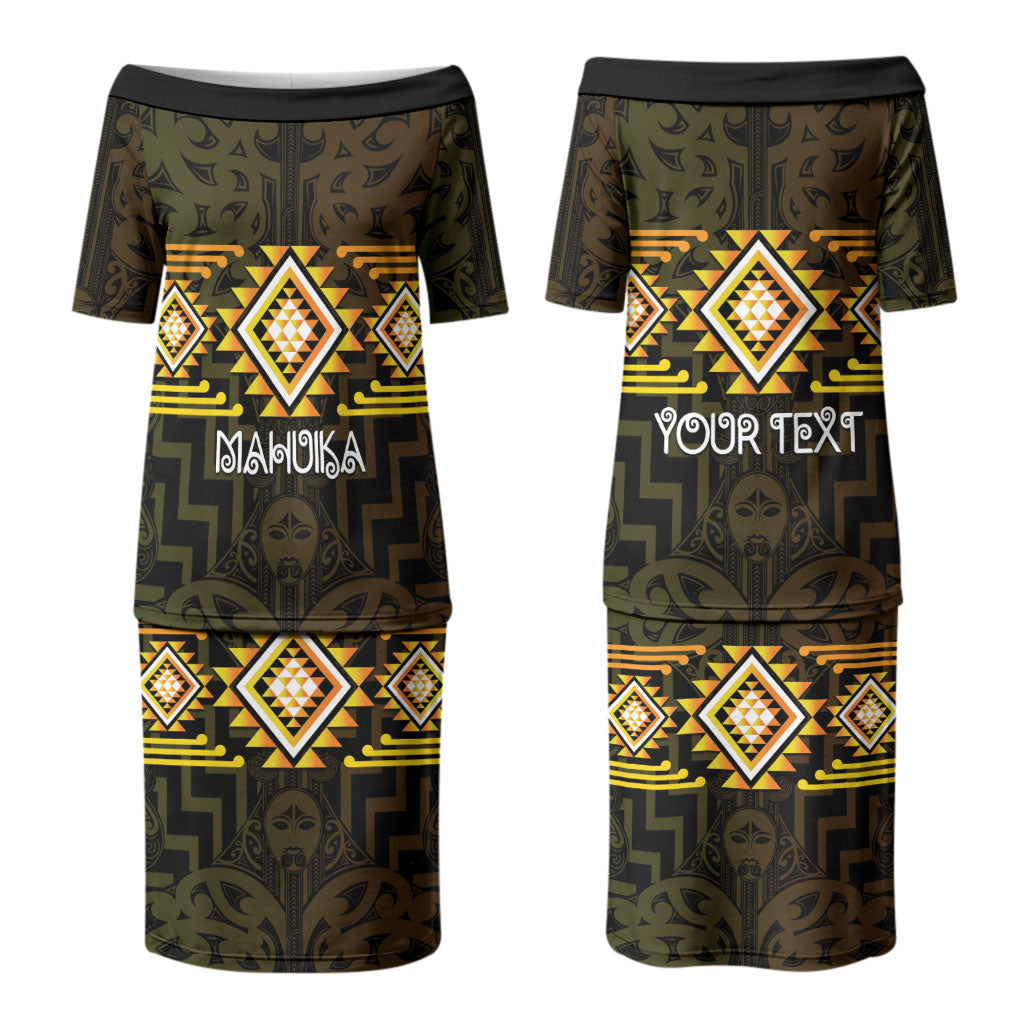 Aotearoa Atua Mahuika Personalised Couples Matching Puletasi and Long Sleeve Button Shirt Maori Goddess Of Fire Taniko Motifs