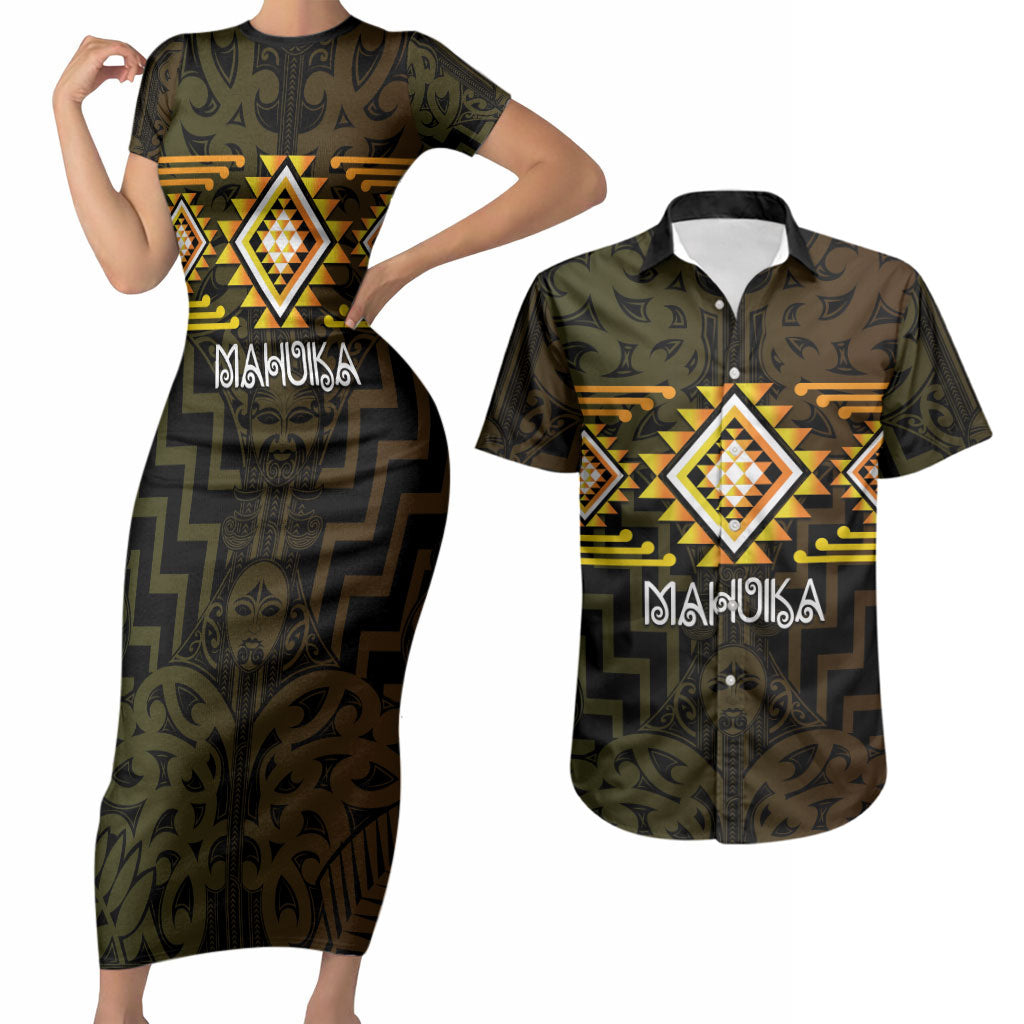 Aotearoa Atua Mahuika Personalised Couples Matching Short Sleeve Bodycon Dress and Hawaiian Shirt Maori Goddess Of Fire Taniko Motifs