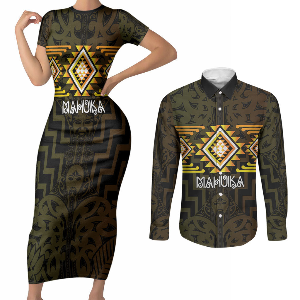 Aotearoa Atua Mahuika Personalised Couples Matching Short Sleeve Bodycon Dress and Long Sleeve Button Shirt Maori Goddess Of Fire Taniko Motifs