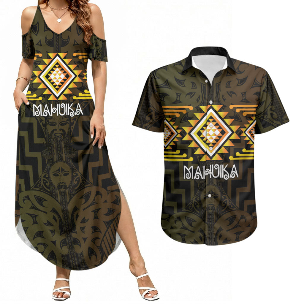 Aotearoa Atua Mahuika Personalised Couples Matching Summer Maxi Dress and Hawaiian Shirt Maori Goddess Of Fire Taniko Motifs