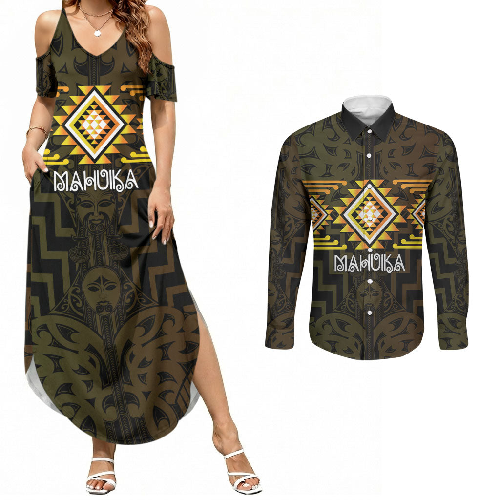 Aotearoa Atua Mahuika Personalised Couples Matching Summer Maxi Dress and Long Sleeve Button Shirt Maori Goddess Of Fire Taniko Motifs