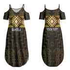 Aotearoa Atua Mahuika Personalised Couples Matching Summer Maxi Dress and Long Sleeve Button Shirt Maori Goddess Of Fire Taniko Motifs
