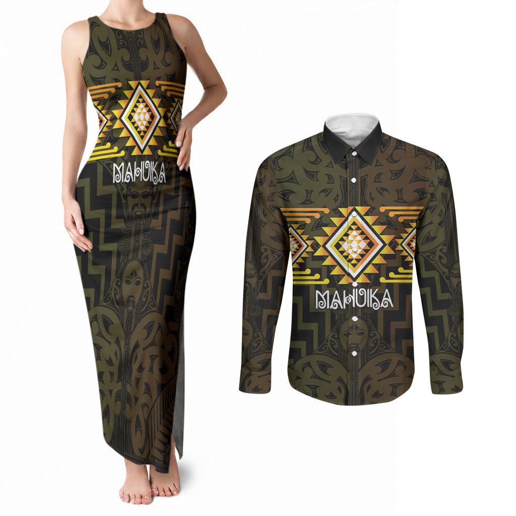 Aotearoa Atua Mahuika Personalised Couples Matching Tank Maxi Dress and Long Sleeve Button Shirt Maori Goddess Of Fire Taniko Motifs