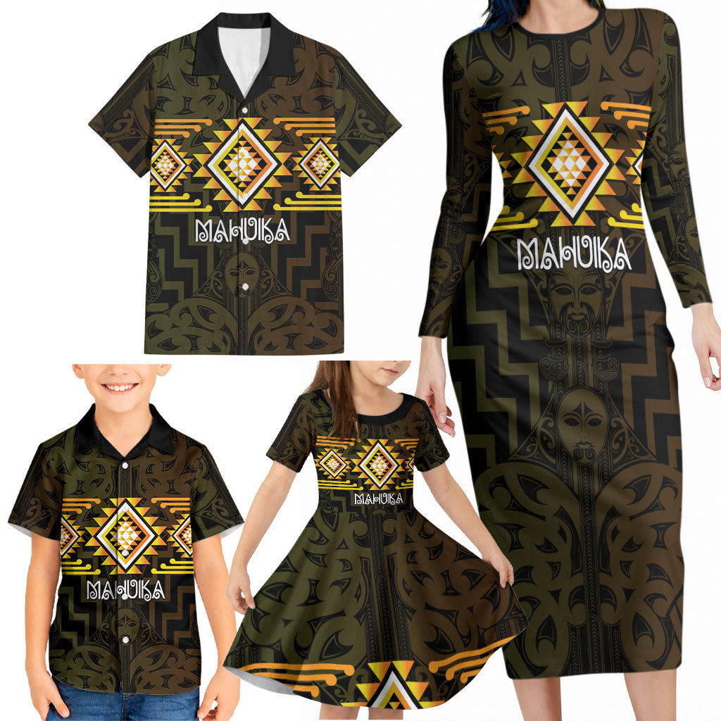 Aotearoa Atua Mahuika Personalised Family Matching Long Sleeve Bodycon Dress and Hawaiian Shirt Maori Goddess Of Fire Taniko Motifs