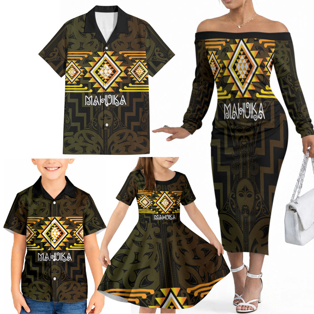 Aotearoa Atua Mahuika Personalised Family Matching Off The Shoulder Long Sleeve Dress and Hawaiian Shirt Maori Goddess Of Fire Taniko Motifs
