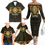 Aotearoa Atua Mahuika Personalised Family Matching Off The Shoulder Long Sleeve Dress and Hawaiian Shirt Maori Goddess Of Fire Taniko Motifs