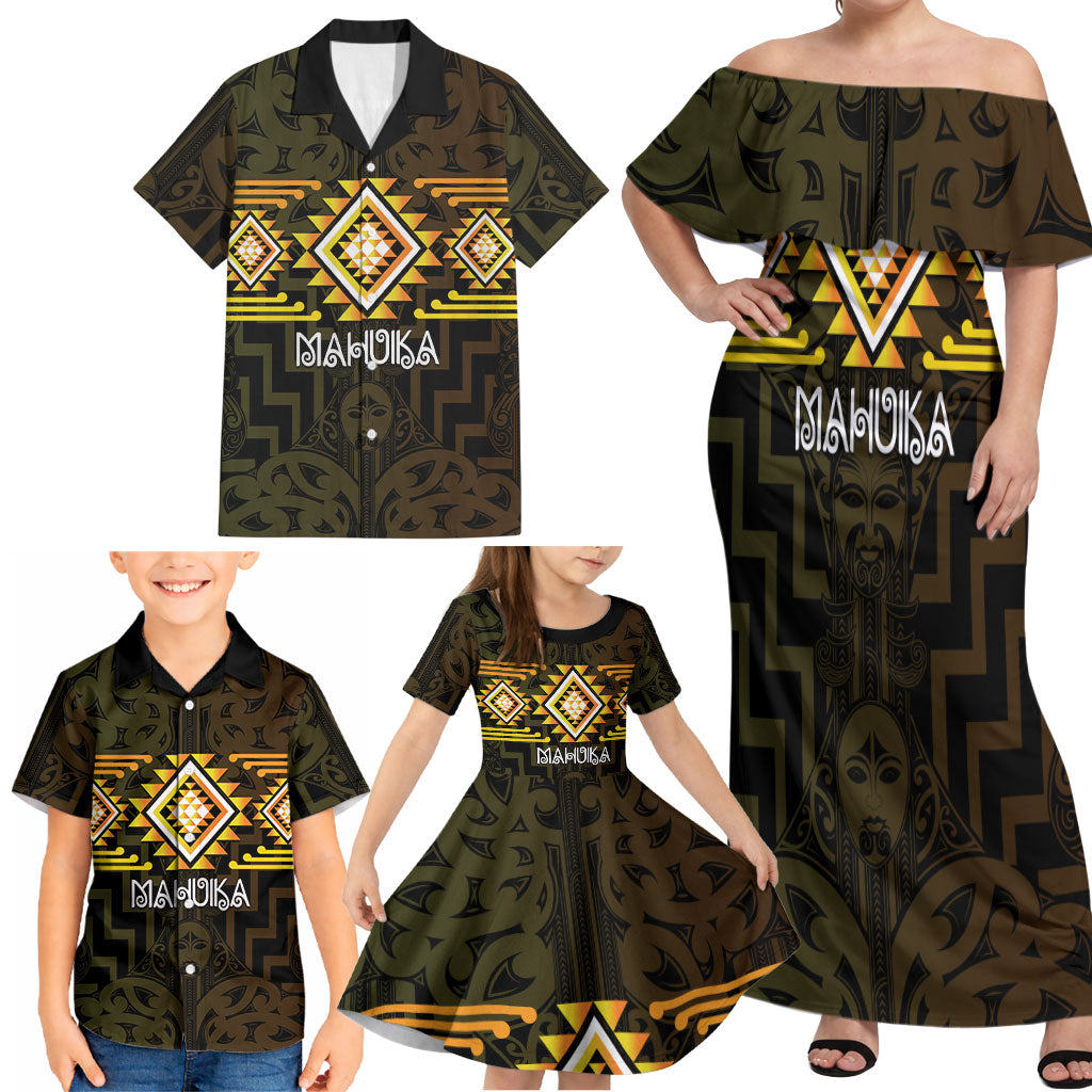 Aotearoa Atua Mahuika Personalised Family Matching Off Shoulder Maxi Dress and Hawaiian Shirt Maori Goddess Of Fire Taniko Motifs