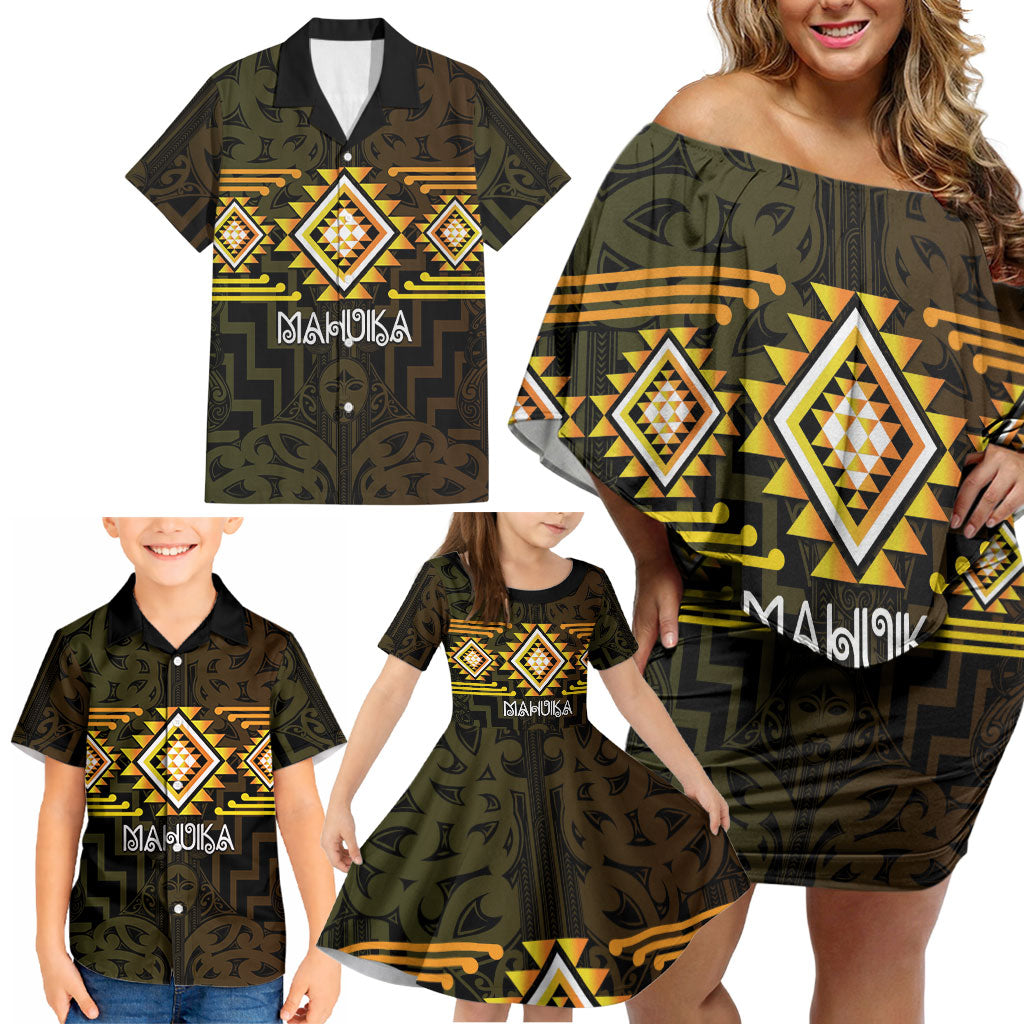 Aotearoa Atua Mahuika Personalised Family Matching Off Shoulder Short Dress and Hawaiian Shirt Maori Goddess Of Fire Taniko Motifs