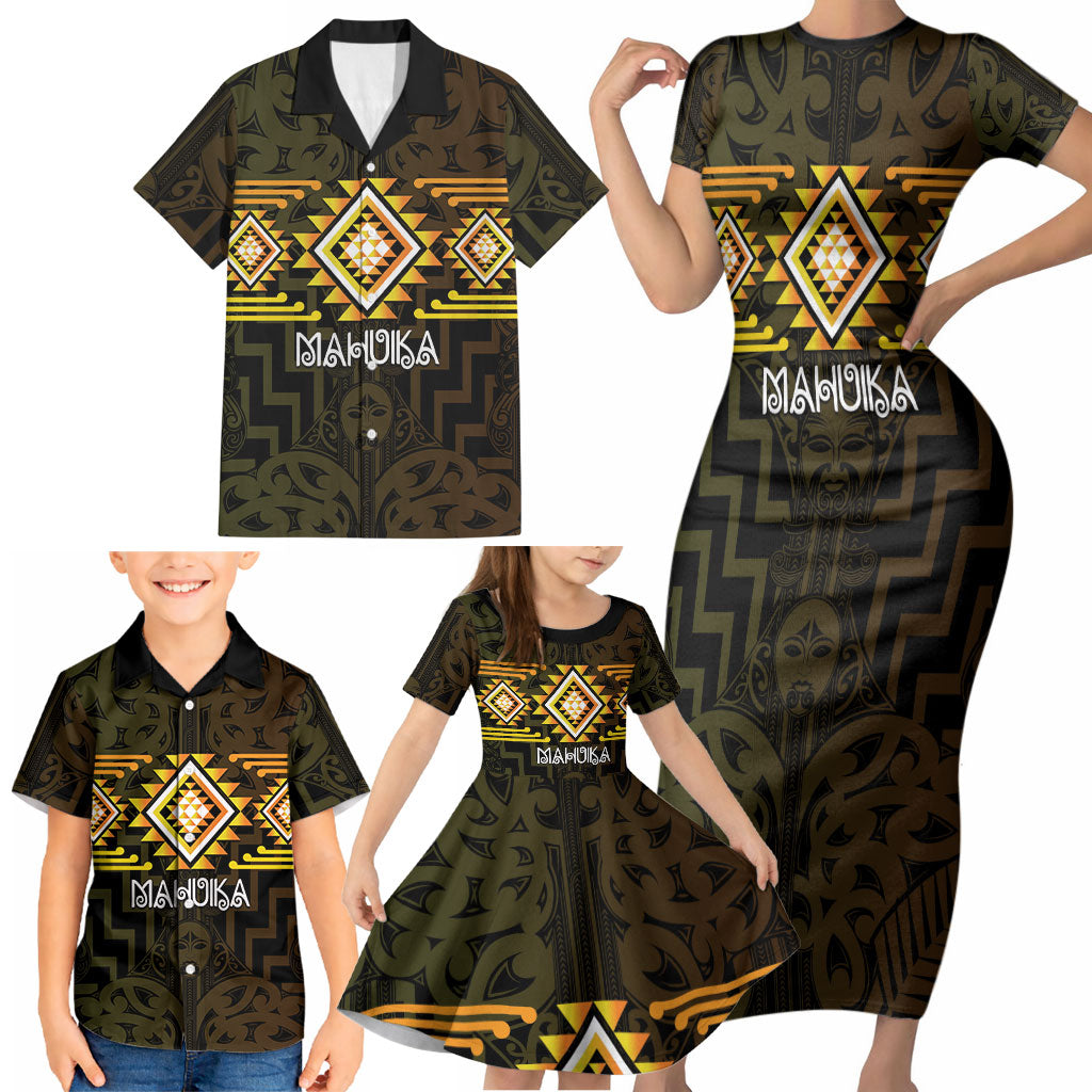 Aotearoa Atua Mahuika Personalised Family Matching Short Sleeve Bodycon Dress and Hawaiian Shirt Maori Goddess Of Fire Taniko Motifs