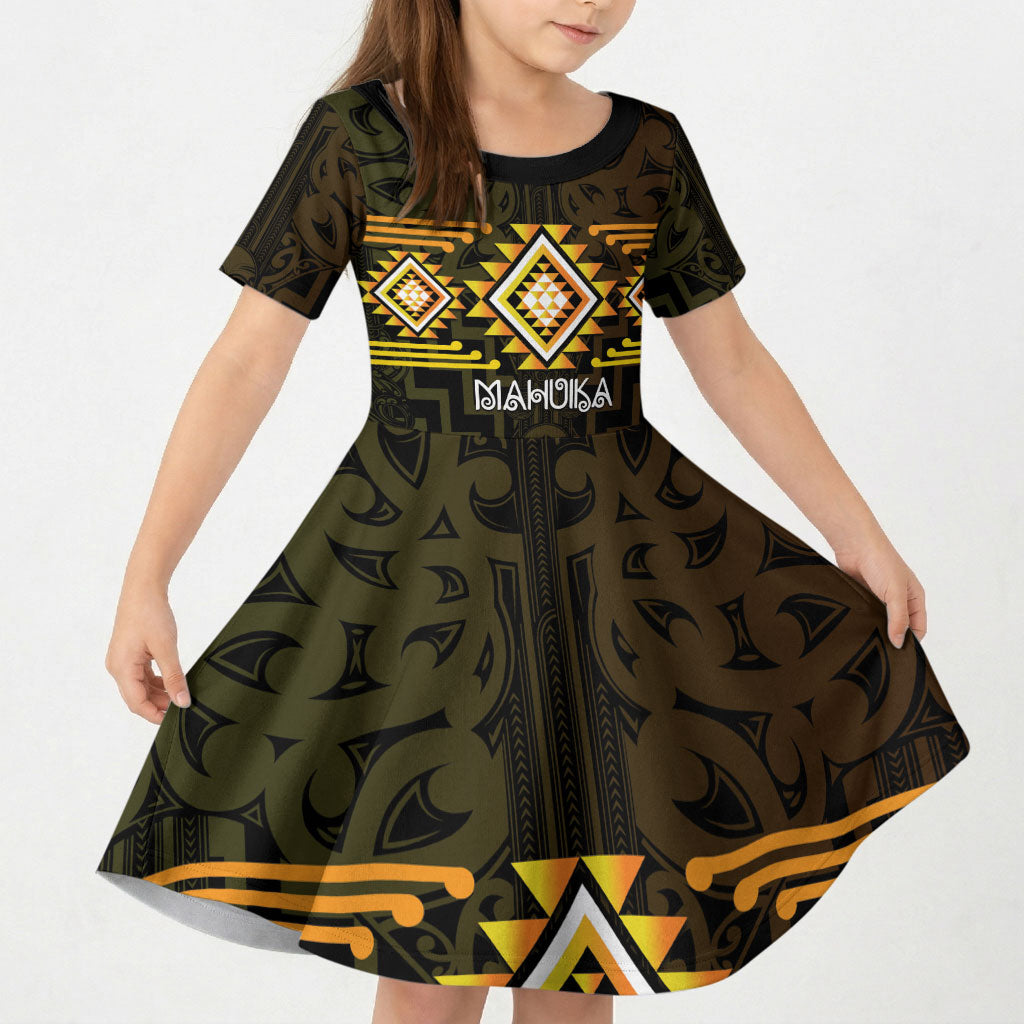 Aotearoa Atua Mahuika Personalised Kid Short Sleeve Dress Maori Goddess Of Fire Taniko Motifs