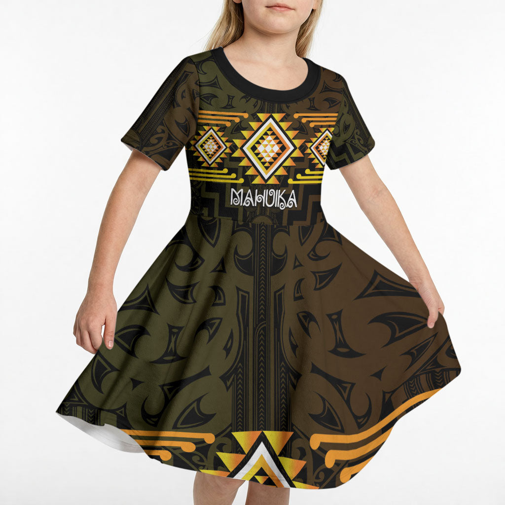 Aotearoa Atua Mahuika Personalised Kid Short Sleeve Dress Maori Goddess Of Fire Taniko Motifs