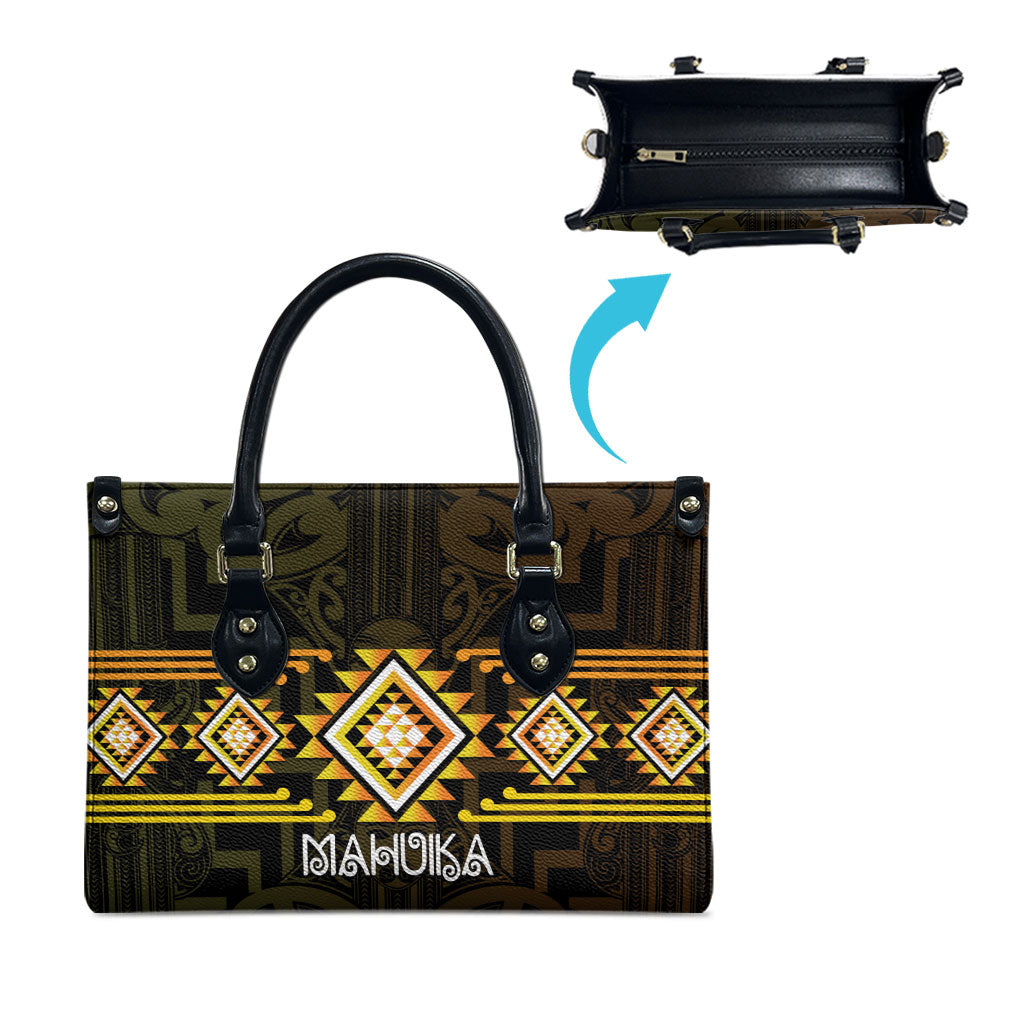Aotearoa Atua Mahuika Leather Bag Maori Goddess Of Fire Taniko Motifs