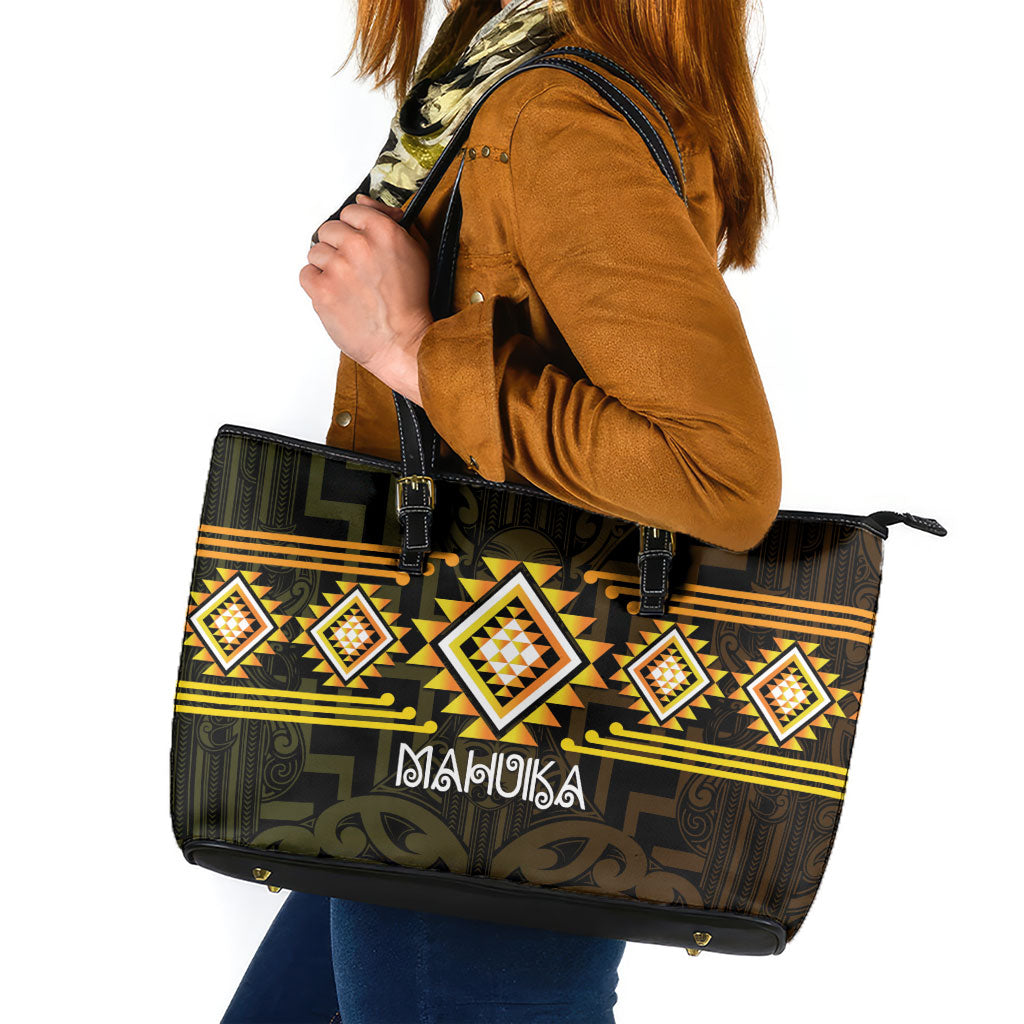 Aotearoa Atua Mahuika Leather Tote Bag Maori Goddess Of Fire Taniko Motifs