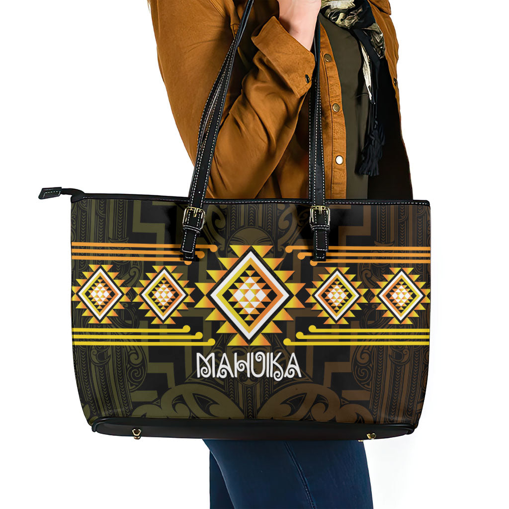 Aotearoa Atua Mahuika Leather Tote Bag Maori Goddess Of Fire Taniko Motifs