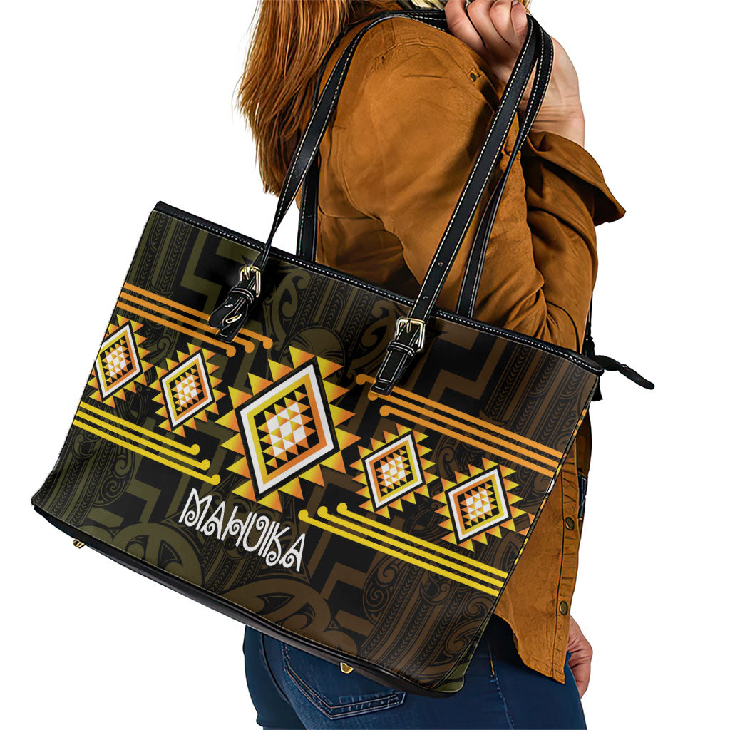 Aotearoa Atua Mahuika Leather Tote Bag Maori Goddess Of Fire Taniko Motifs