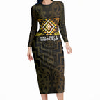 Aotearoa Atua Mahuika Personalised Long Sleeve Bodycon Dress Maori Goddess Of Fire Taniko Motifs