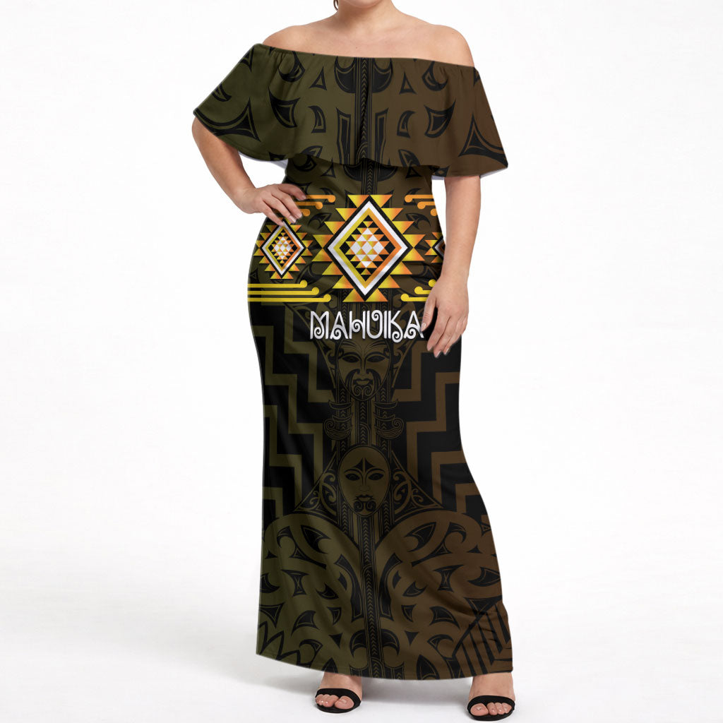 Aotearoa Atua Mahuika Personalised Off Shoulder Maxi Dress Maori Goddess Of Fire Taniko Motifs