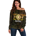 Aotearoa Atua Mahuika Personalised Off Shoulder Sweater Maori Goddess Of Fire Taniko Motifs