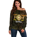 Aotearoa Atua Mahuika Personalised Off Shoulder Sweater Maori Goddess Of Fire Taniko Motifs