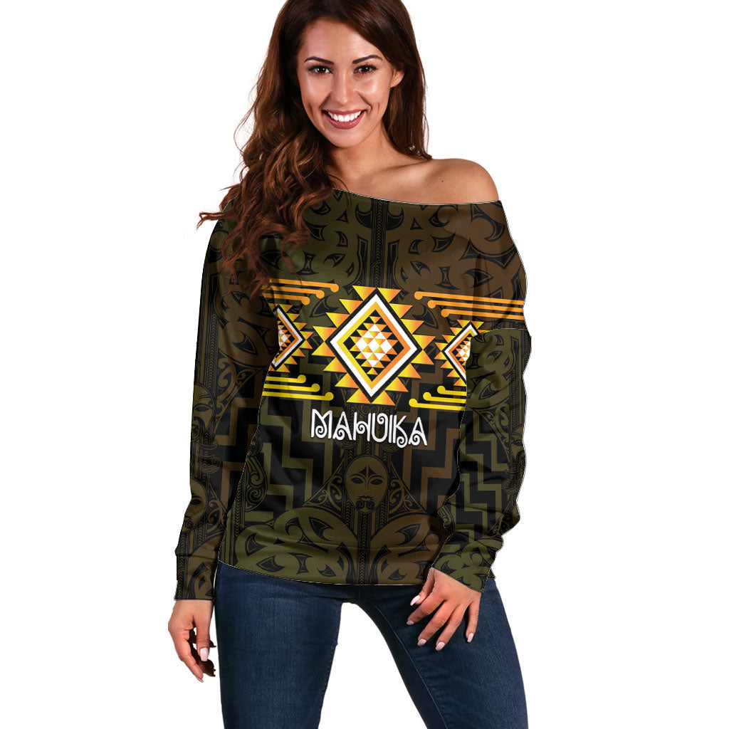 Aotearoa Atua Mahuika Personalised Off Shoulder Sweater Maori Goddess Of Fire Taniko Motifs