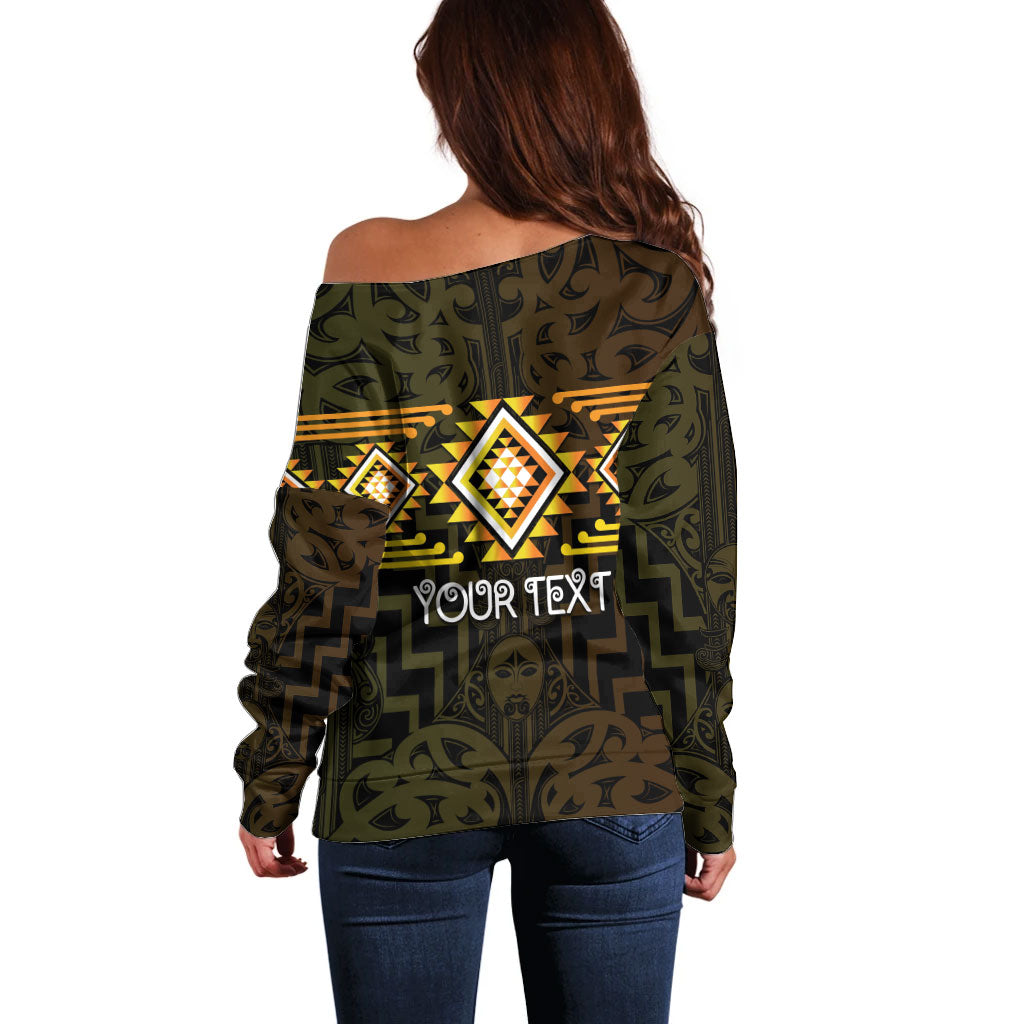Aotearoa Atua Mahuika Personalised Off Shoulder Sweater Maori Goddess Of Fire Taniko Motifs