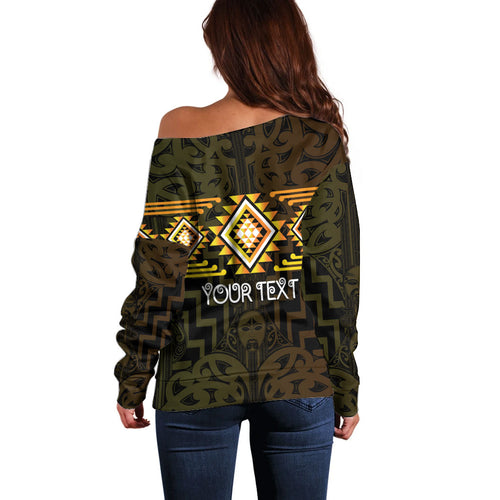 Aotearoa Atua Mahuika Personalised Off Shoulder Sweater Maori Goddess Of Fire Taniko Motifs