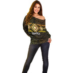 Aotearoa Atua Mahuika Personalised Off Shoulder Sweater Maori Goddess Of Fire Taniko Motifs