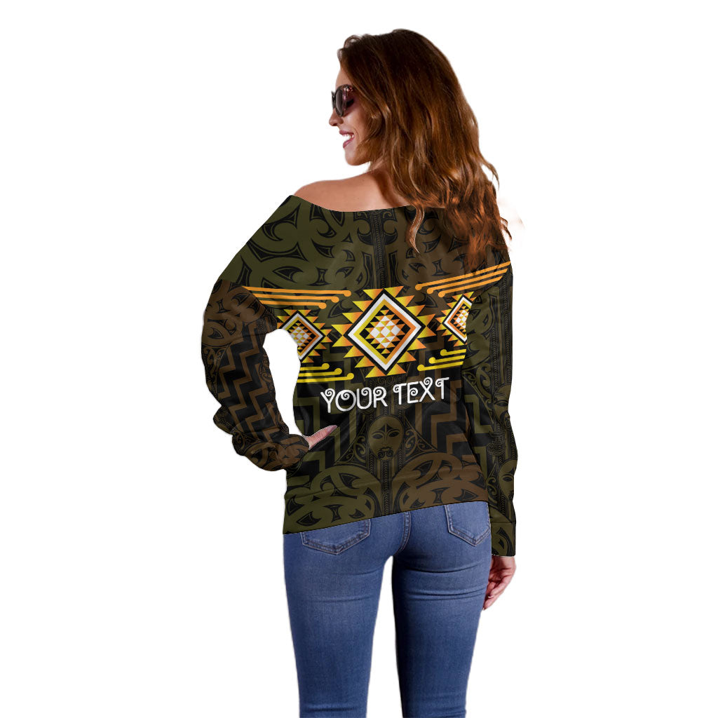 Aotearoa Atua Mahuika Personalised Off Shoulder Sweater Maori Goddess Of Fire Taniko Motifs