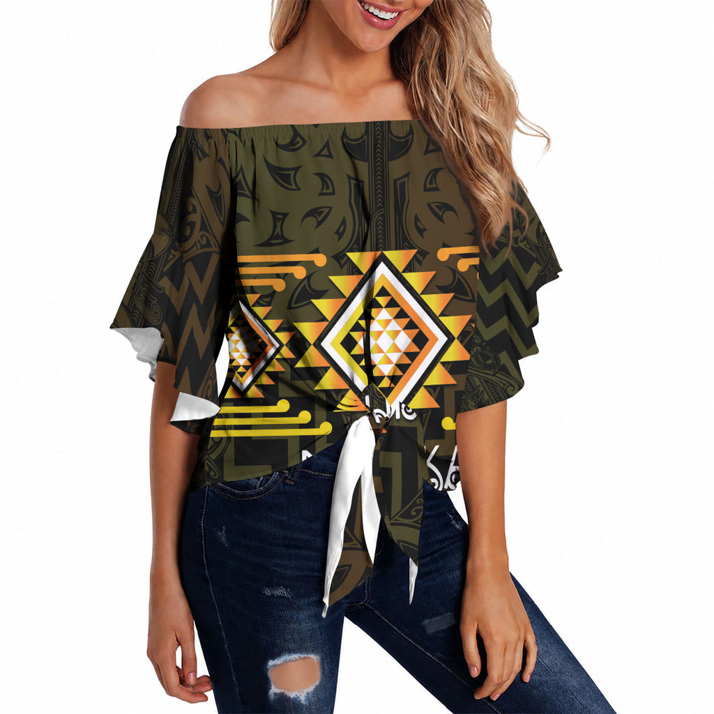 Aotearoa Atua Mahuika Personalised Off Shoulder Wrap Waist Top Maori Goddess Of Fire Taniko Motifs