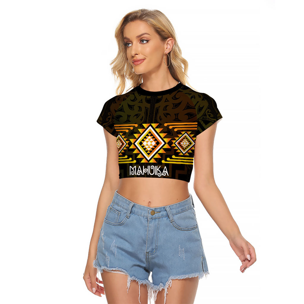 Aotearoa Atua Mahuika Personalised Raglan Cropped T Shirt Maori Goddess Of Fire Taniko Motifs