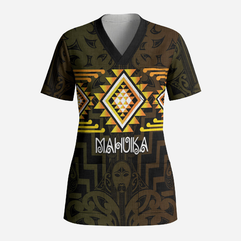 Aotearoa Atua Mahuika Personalised Scrub Top Maori Goddess Of Fire Taniko Motifs