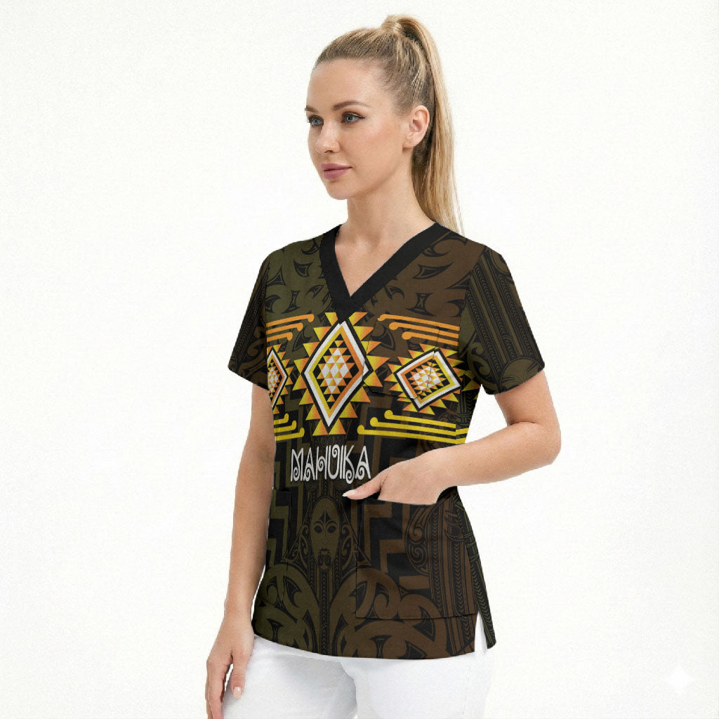 Aotearoa Atua Mahuika Personalised Scrub Top Maori Goddess Of Fire Taniko Motifs