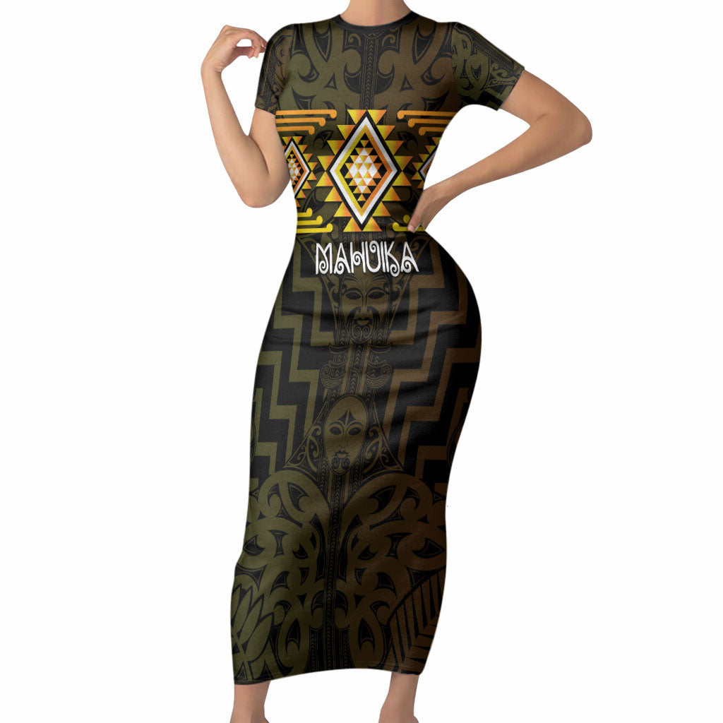 Aotearoa Atua Mahuika Personalised Short Sleeve Bodycon Dress Maori Goddess Of Fire Taniko Motifs