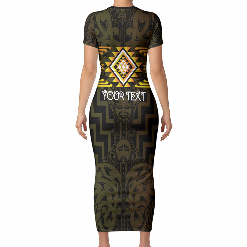 Aotearoa Atua Mahuika Personalised Short Sleeve Bodycon Dress Maori Goddess Of Fire Taniko Motifs