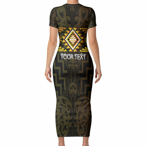 Aotearoa Atua Mahuika Personalised Short Sleeve Bodycon Dress Maori Goddess Of Fire Taniko Motifs