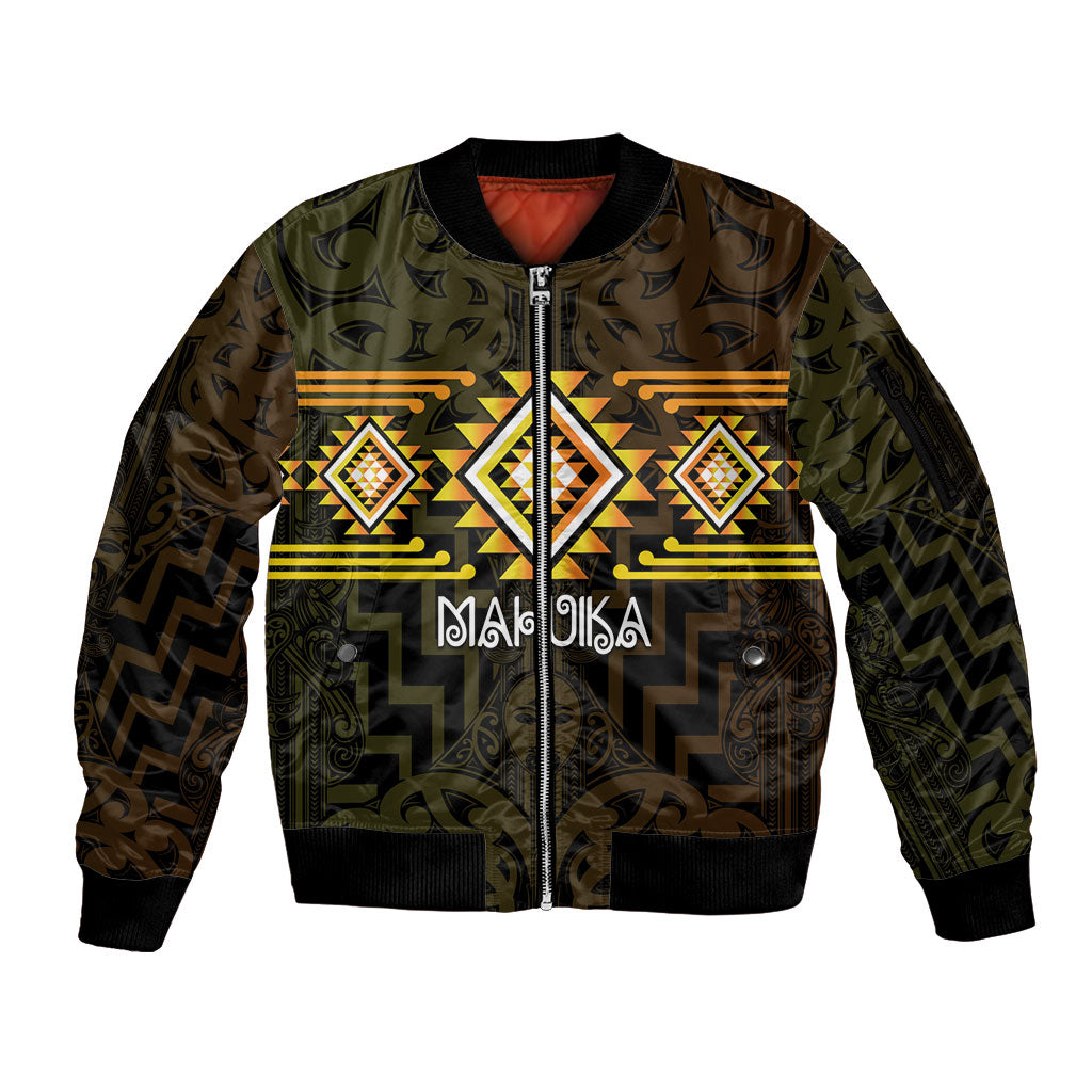 Aotearoa Atua Mahuika Personalised Sleeve Zip Bomber Jacket Maori Goddess Of Fire Taniko Motifs