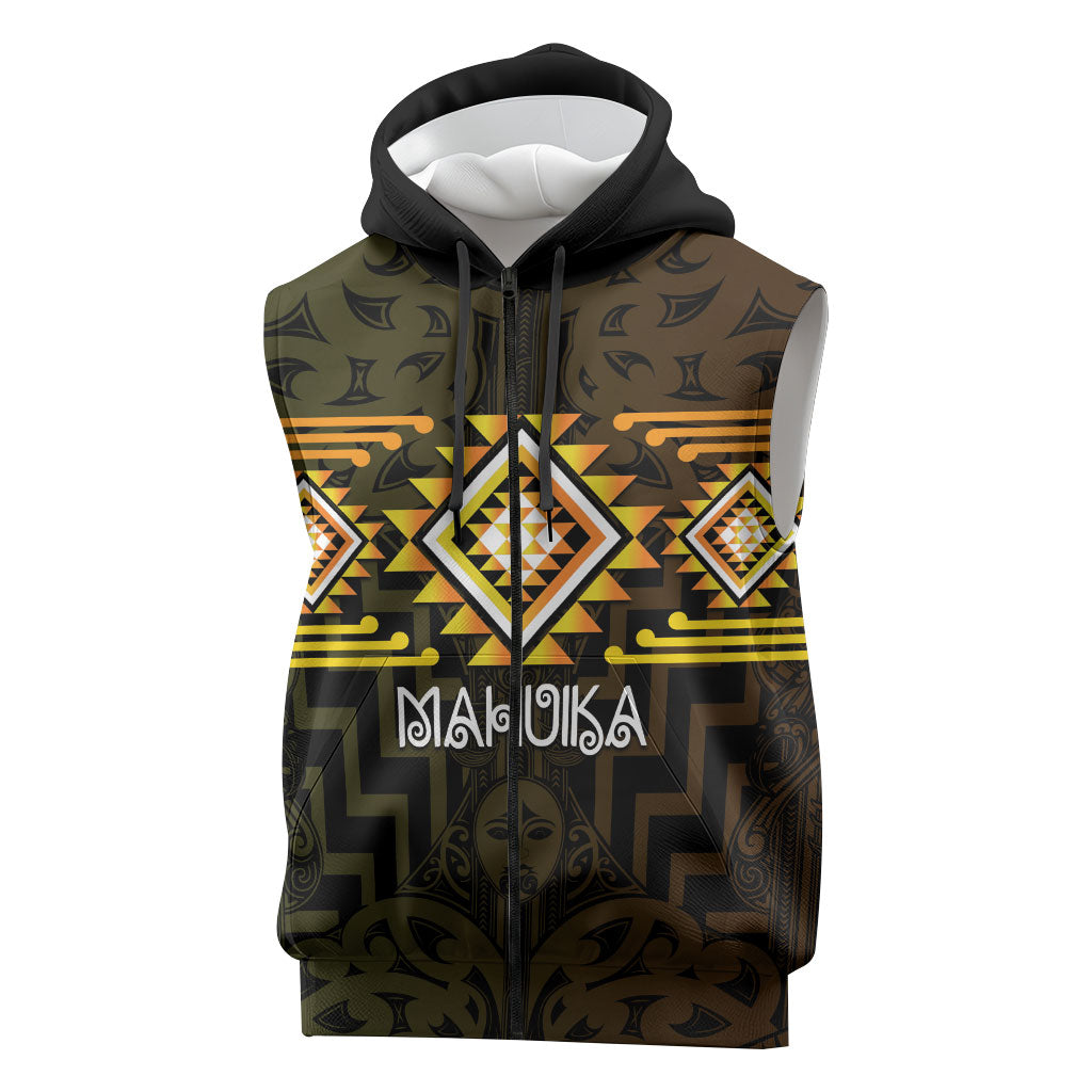 Aotearoa Atua Mahuika Personalised Sleeveless Zip Hoodie Maori Goddess Of Fire Taniko Motifs