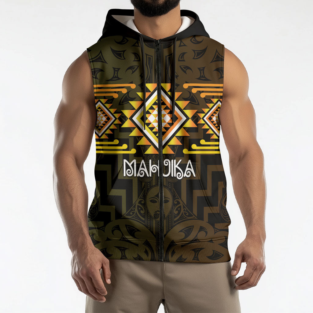 Aotearoa Atua Mahuika Personalised Sleeveless Zip Hoodie Maori Goddess Of Fire Taniko Motifs