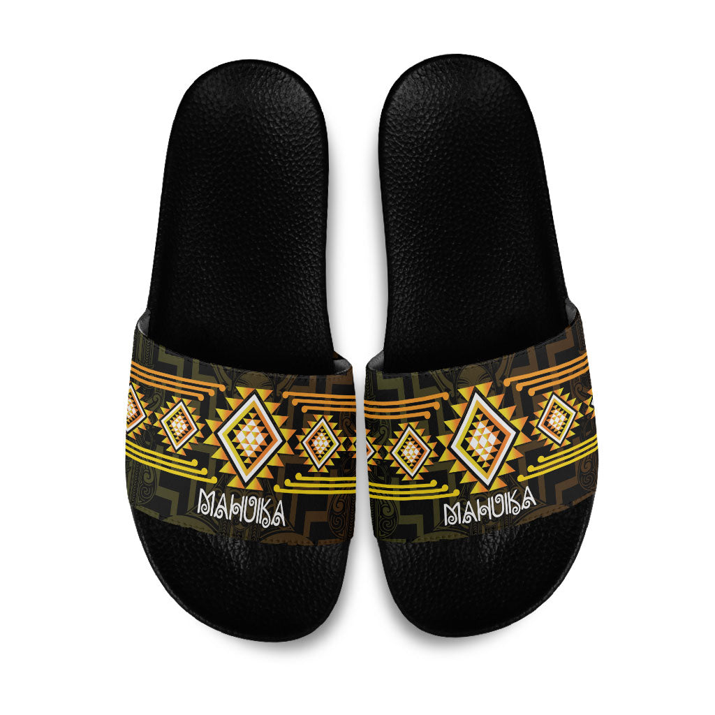 Aotearoa Atua Mahuika Slide Sandals Maori Goddess Of Fire Taniko Motifs