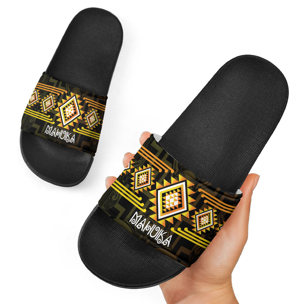 Aotearoa Atua Mahuika Slide Sandals Maori Goddess Of Fire Taniko Motifs