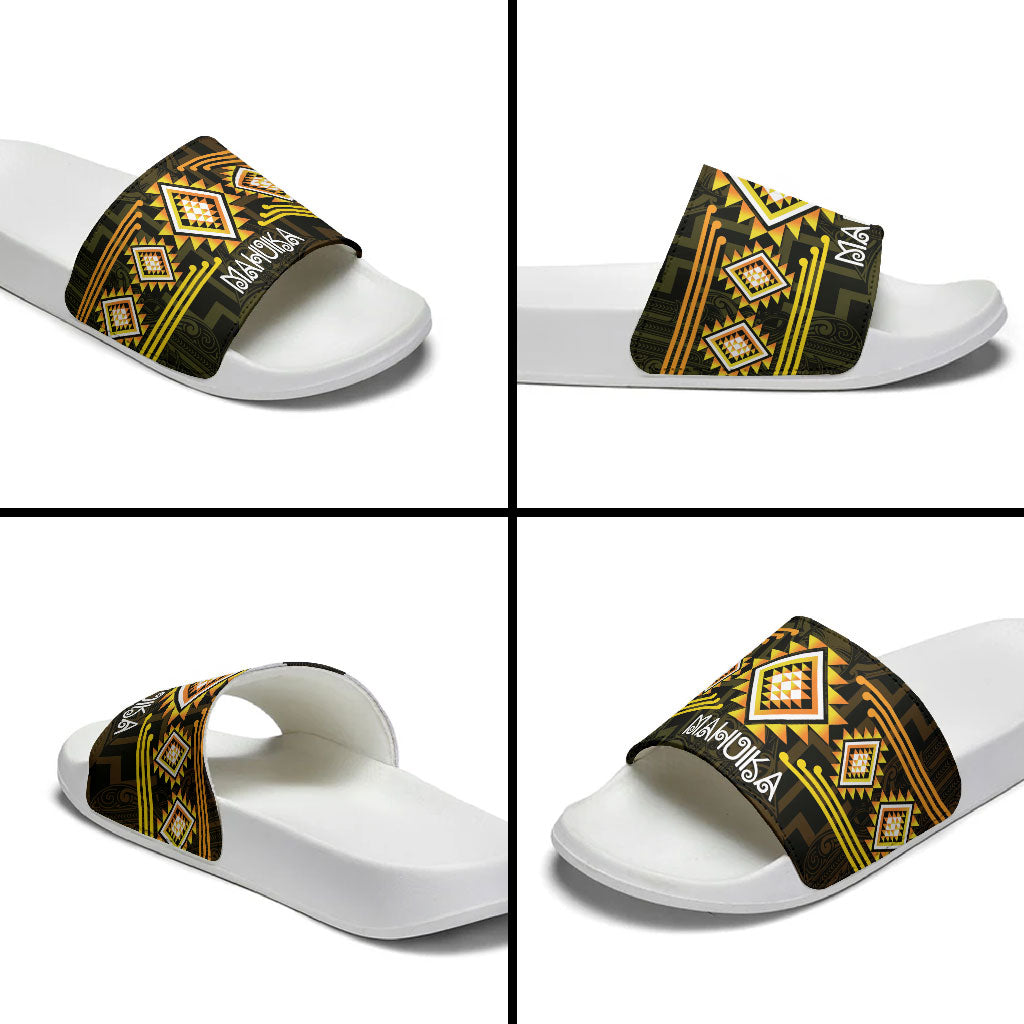 Aotearoa Atua Mahuika Slide Sandals Maori Goddess Of Fire Taniko Motifs