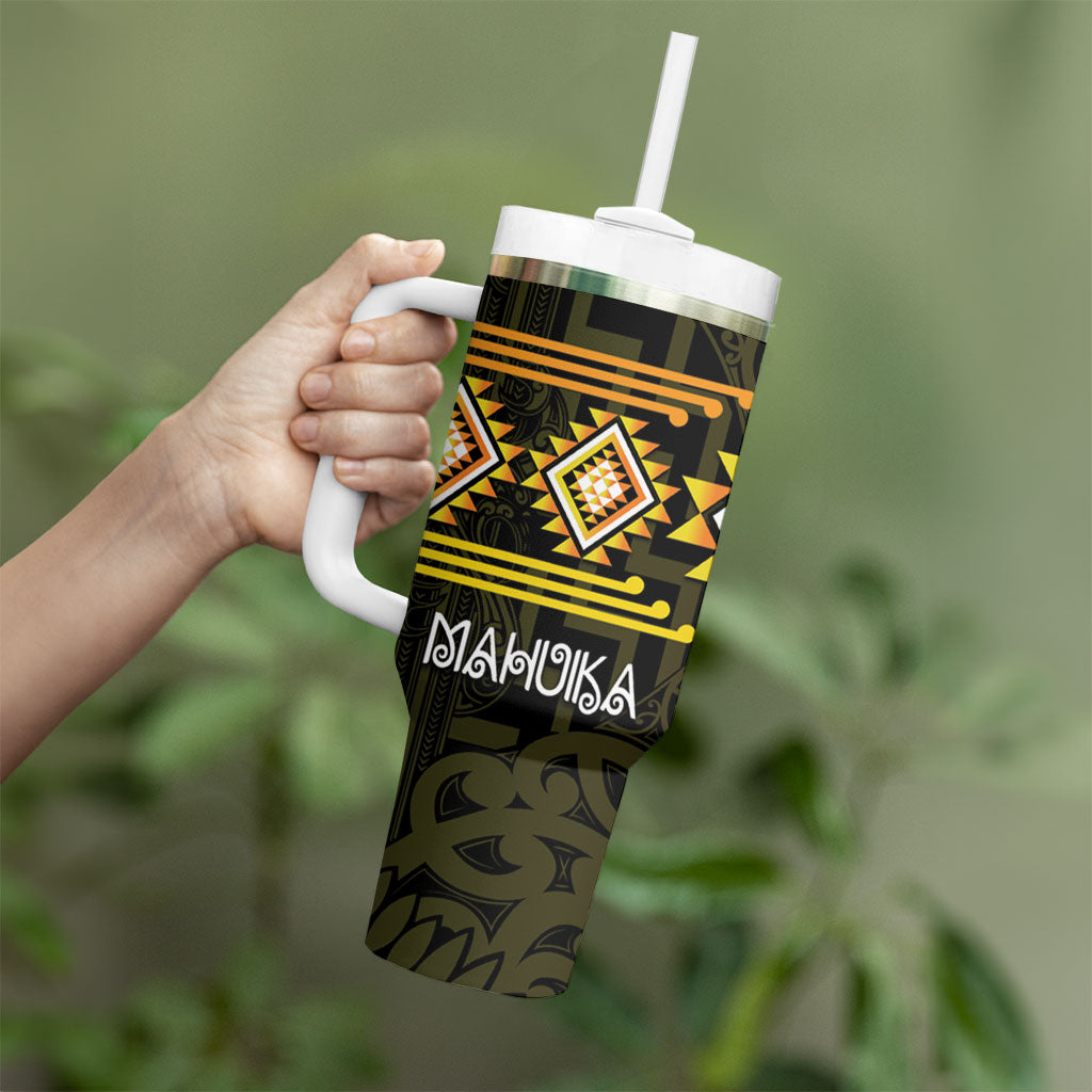 Aotearoa Atua Mahuika Personalised Tumbler With Handle Maori Goddess Of Fire Taniko Motifs