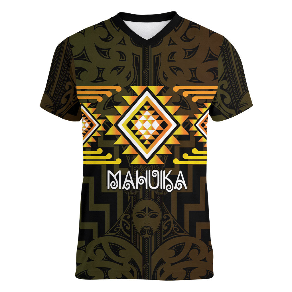 Aotearoa Atua Mahuika Personalised Women V-Neck T-Shirt Maori Goddess Of Fire Taniko Motifs