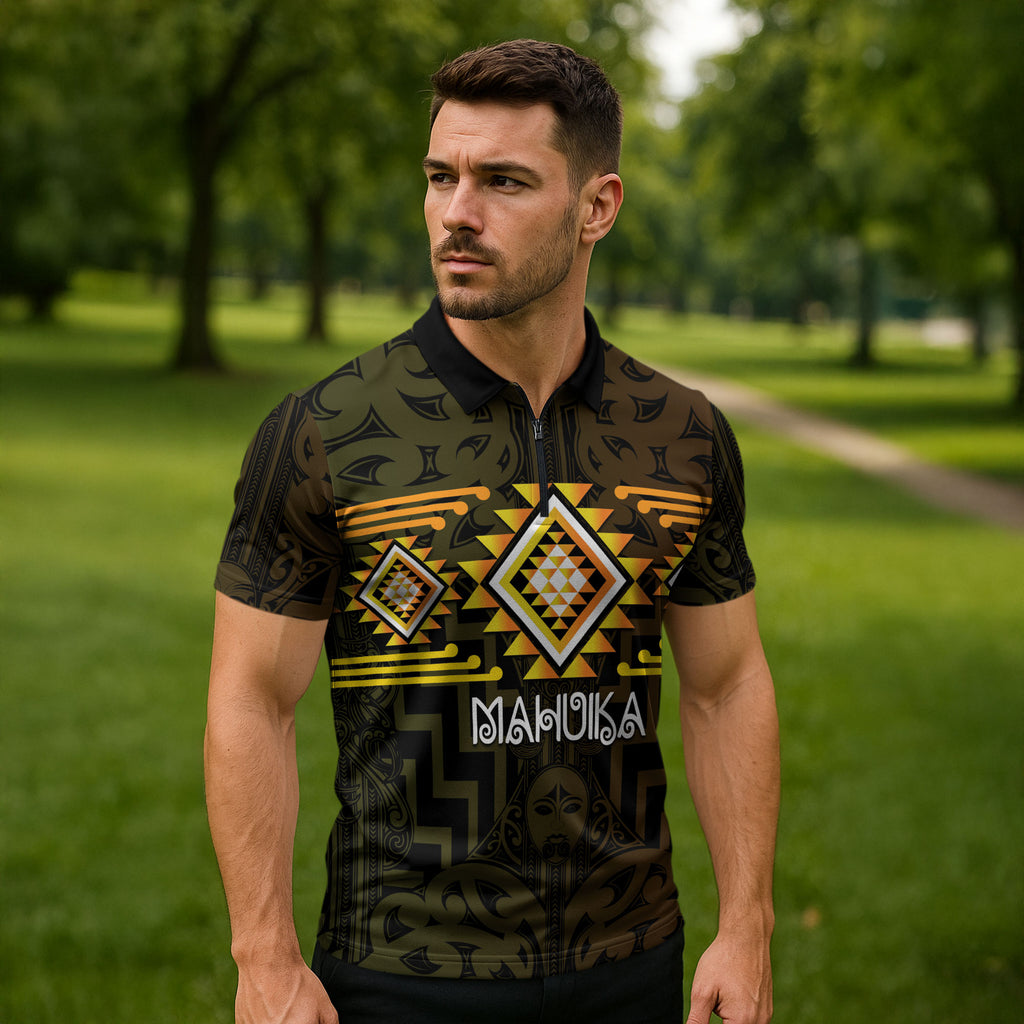 Aotearoa Atua Mahuika Personalised Zipper Polo Shirt Maori Goddess Of Fire Taniko Motifs