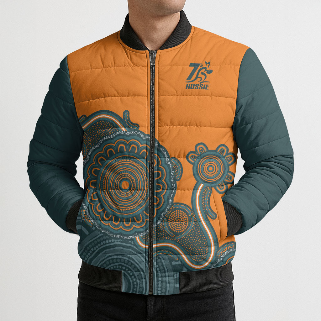 Australia Rugby Sevens Custom Bomber Puffer Jacket Go Aussie Women's 7s Aboriginal Art