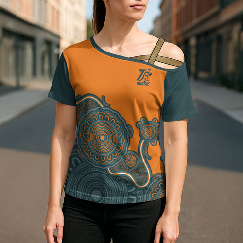 Australia Rugby Sevens Custom Cross Shoulder Shirt Go Aussie Women's 7s Aboriginal Art